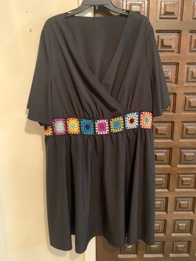 Black PLUS SIZE 5X DEEP V-Neck Tunic Dress with Multicolor Crochet Waist
